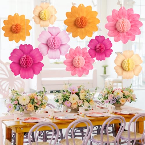 SUNBEAUTY 9PCS Hot Pink and Orange Party Decorations Paper Flowers Honeycomb Hanging Large Paper Flowers Pom Poms Fiesta for Girl Women Birthday Spring Garden Tea Party Wedding Baby Shower Wall - Image 2