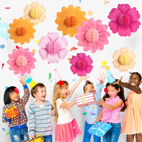 SUNBEAUTY 9PCS Hot Pink and Orange Party Decorations Paper Flowers Honeycomb Hanging Large Paper Flowers Pom Poms Fiesta for Girl Women Birthday Spring Garden Tea Party Wedding Baby Shower Wall - Image 5