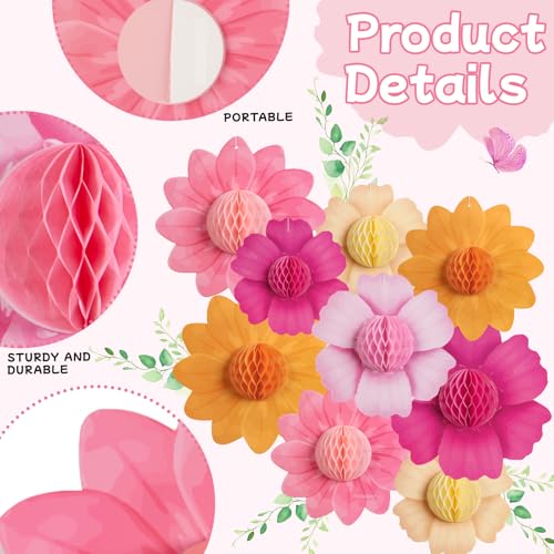 SUNBEAUTY 9PCS Hot Pink and Orange Party Decorations Paper Flowers Honeycomb Hanging Large Paper Flowers Pom Poms Fiesta for Girl Women Birthday Spring Garden Tea Party Wedding Baby Shower Wall - Image 4