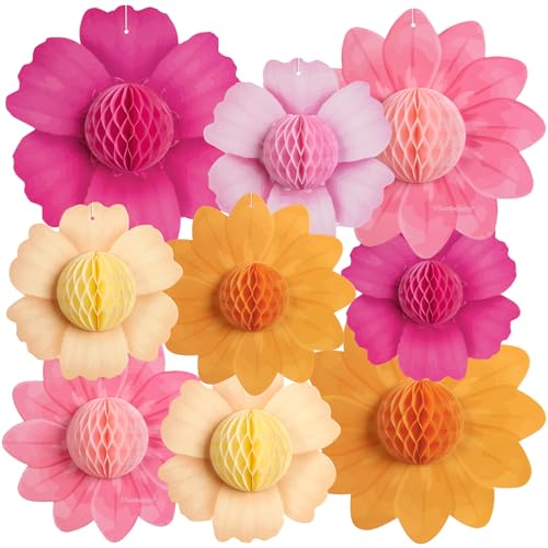 SUNBEAUTY 9PCS Hot Pink and Orange Party Decorations Paper Flowers Honeycomb Hanging Large Paper Flowers Pom Poms Fiesta for Girl Women Birthday Spring Garden Tea Party Wedding Baby Shower Wall - Image 1