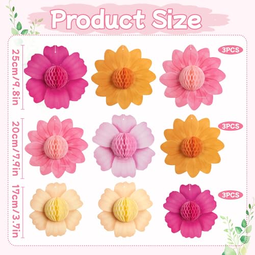 SUNBEAUTY 9PCS Hot Pink and Orange Party Decorations Paper Flowers Honeycomb Hanging Large Paper Flowers Pom Poms Fiesta for Girl Women Birthday Spring Garden Tea Party Wedding Baby Shower Wall - Image 3
