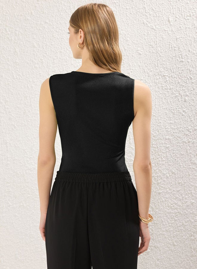 trendyol Black Zero Sleeve Gathered Detail Crew Neck Knitted Bodysuit with Snaps at the Bottom - Image 4