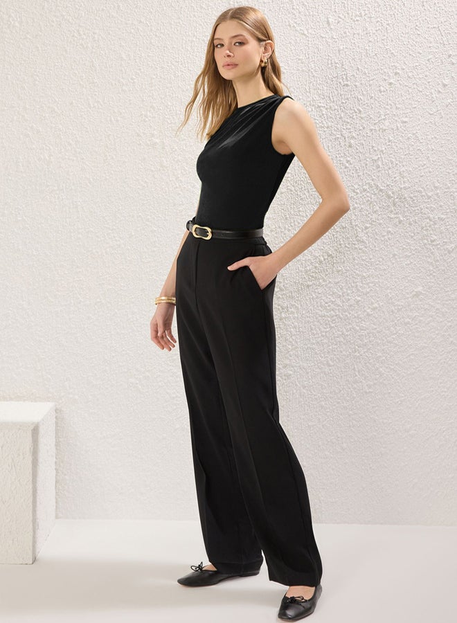 trendyol Black Zero Sleeve Gathered Detail Crew Neck Knitted Bodysuit with Snaps at the Bottom - Image 2