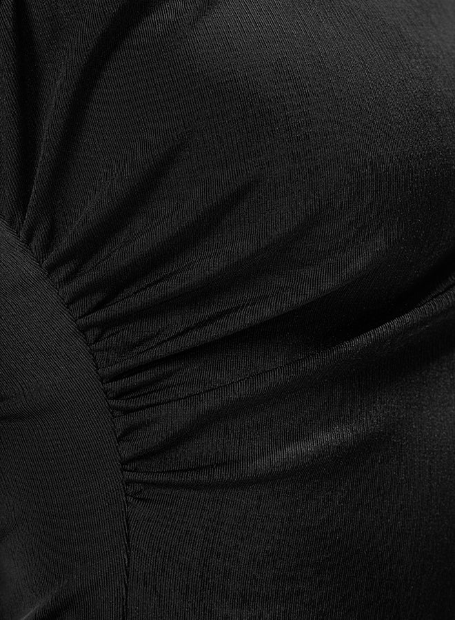 trendyol Black Zero Sleeve Gathered Detail Crew Neck Knitted Bodysuit with Snaps at the Bottom - Image 3