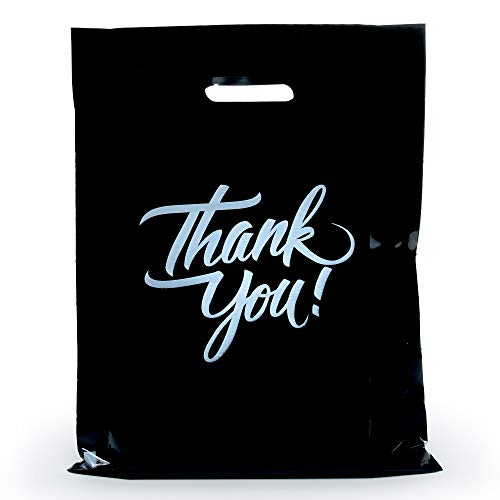 Infinite Pack Black 12"x15"(100pcs) Thank You Merchandise Bags, Die Cut Handles, Retail Shopping Bags for Boutique, Goodie Bags, Gift Bags Bulk, Favors, 1.75 Mil Reusable Plastic Bags - Image 1