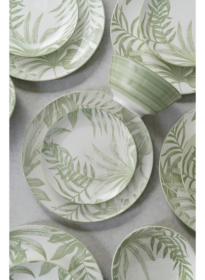 Noon East 18-Piece Porcelain Dinnerware Set, Set For 6 Persons, Microwave And Dishwasher Safe, With A Light Green Leafy Design - Image 4