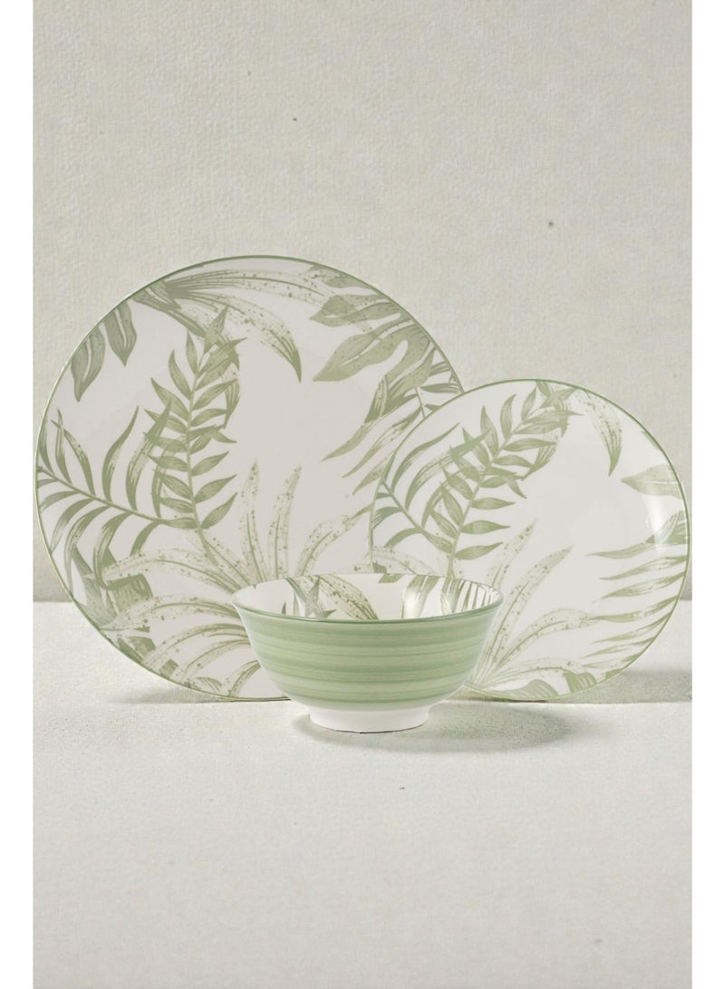 Noon East 18-Piece Porcelain Dinnerware Set, Set For 6 Persons, Microwave And Dishwasher Safe, With A Light Green Leafy Design - Image 2