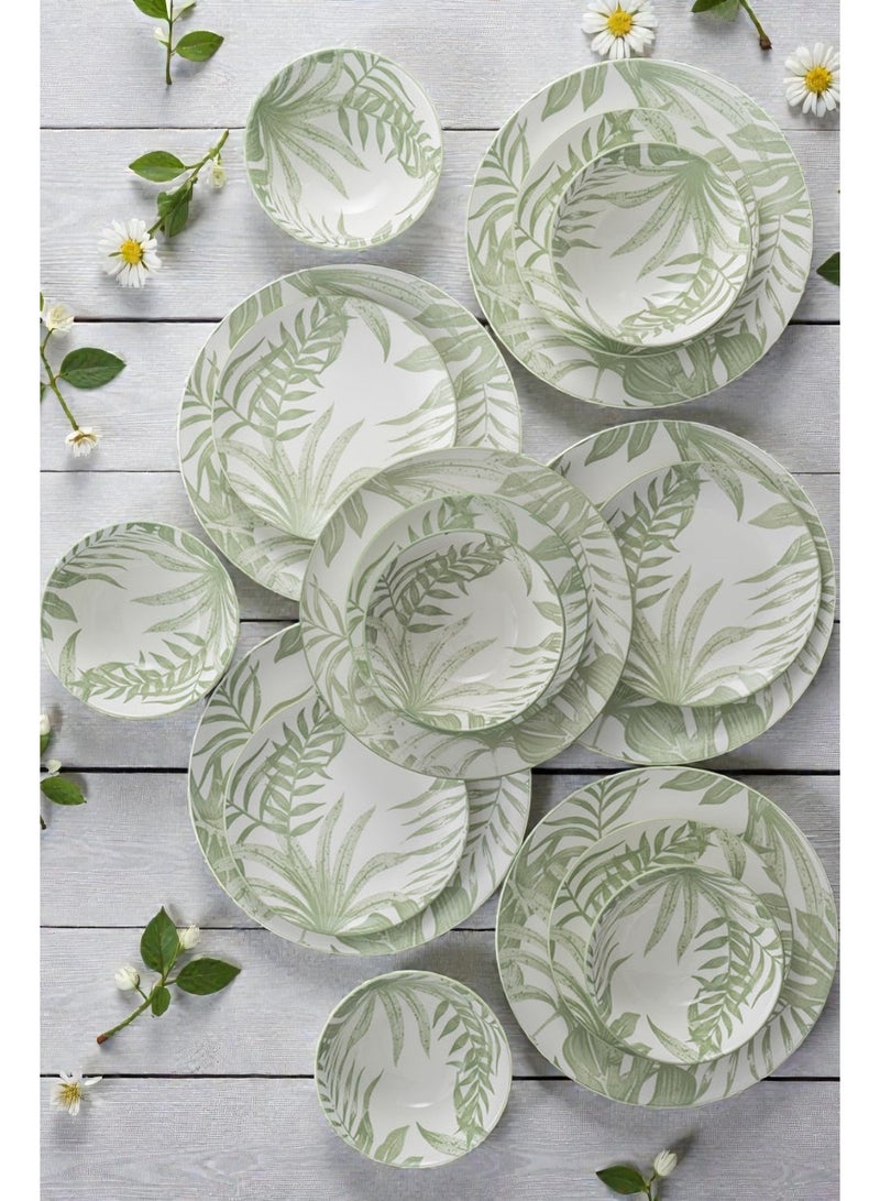 Noon East 18-Piece Porcelain Dinnerware Set, Set For 6 Persons, Microwave And Dishwasher Safe, With A Light Green Leafy Design - Image 3