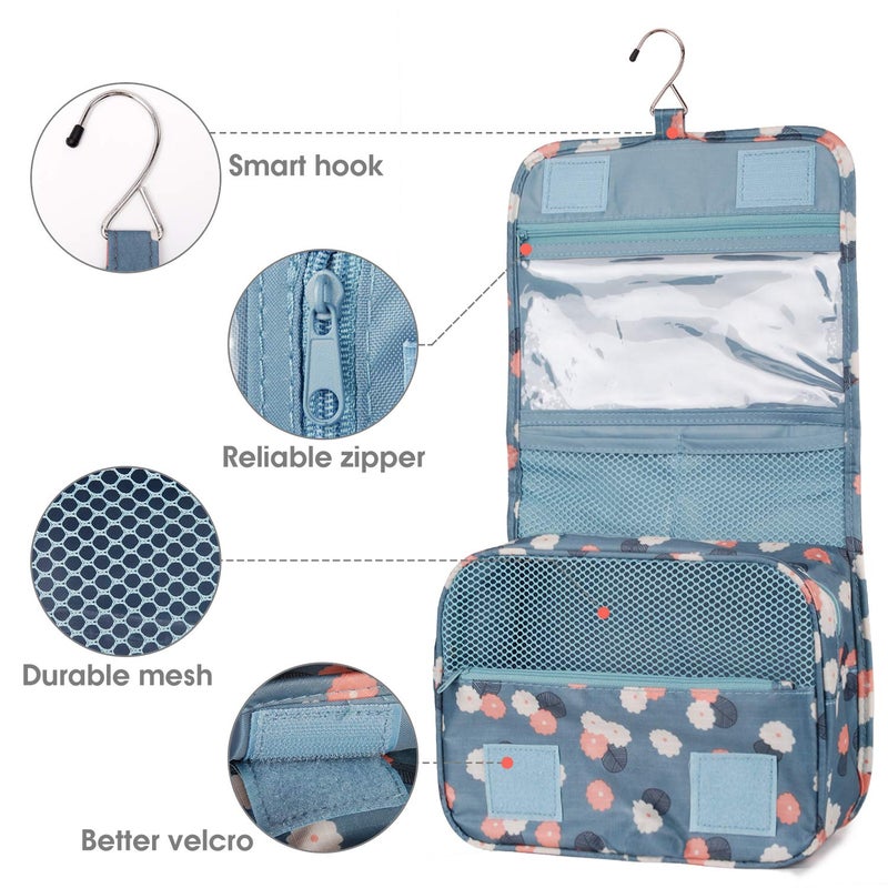 Narwey Hanging Toiletry Bag for Women Travel Makeup Bag Organizer Toiletries Bag for Travel Size Cosmetics Essentials Accessories (Blue Flower) - Image 4