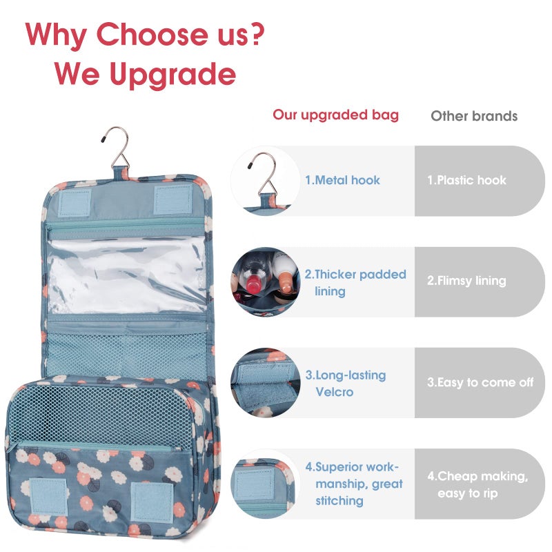 Narwey Hanging Toiletry Bag for Women Travel Makeup Bag Organizer Toiletries Bag for Travel Size Cosmetics Essentials Accessories (Blue Flower) - Image 5