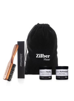 ZilberHaar ZilberHaar - Beard Care Kit for Men - 1 Regular Beard Brush + 1 Beard Balm + 1 Moisturizing Cream - Stiff Boar Bristles and Beech Wood - Short to Medium Length Beards - Supplied in a Velvet Bag  - Image 1