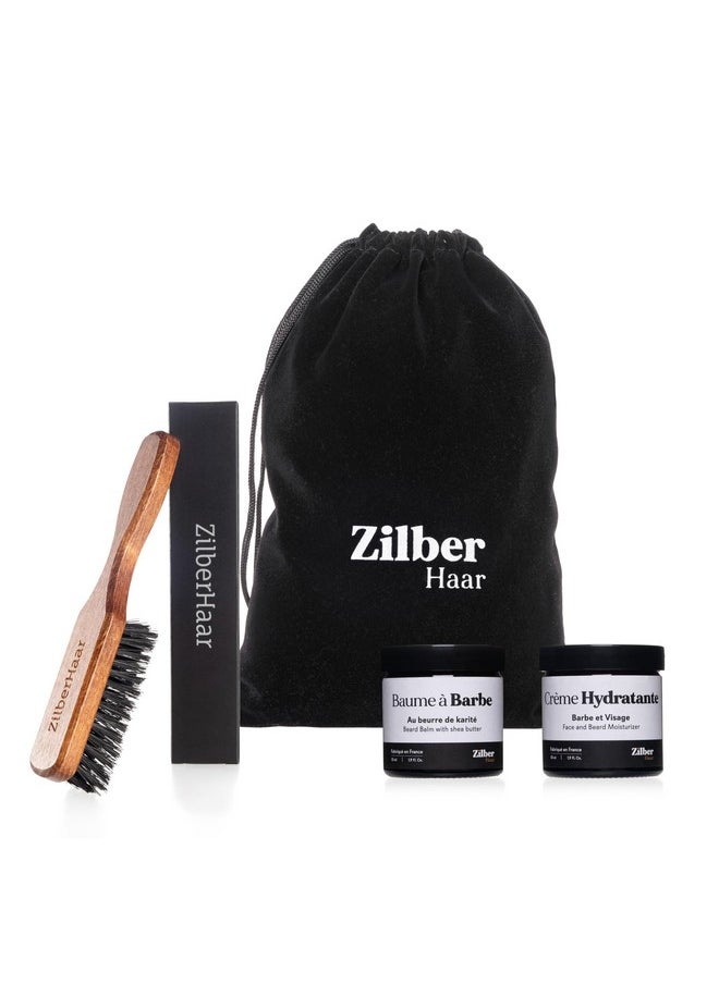ZilberHaar ZilberHaar - Beard Care Kit for Men - 1 Regular Beard Brush + 1 Beard Balm + 1 Moisturizing Cream - Stiff Boar Bristles and Beech Wood - Short to Medium Length Beards - Supplied in a Velvet Bag  - Image 1
