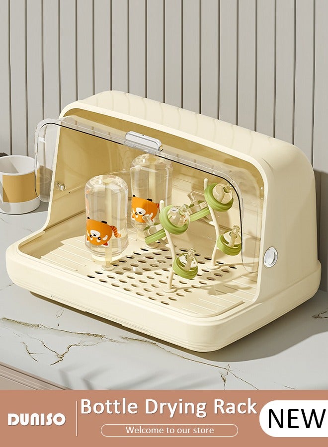 DUNISO Baby Bottle Drying Rack, Vertical Baby Bottle Storage with Anti-dust Cover, Tableware Drying Rack with Pull-Out Drain Board, Portable Kitchen Cabinet Organizer with Haft, Cup Storage Box for Home Kitchen - Image 1