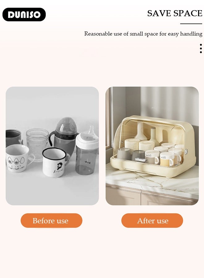 DUNISO Baby Bottle Drying Rack, Vertical Baby Bottle Storage with Anti-dust Cover, Tableware Drying Rack with Pull-Out Drain Board, Portable Kitchen Cabinet Organizer with Haft, Cup Storage Box for Home Kitchen - Image 3