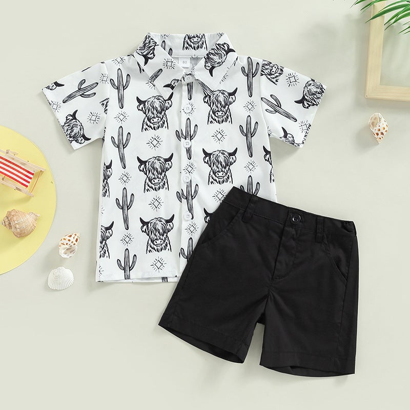 Summer foreign trade children''s clothing 2023 striped animal printed shirt short sleeve shorts two-piece set of a generation of hair - Image 2