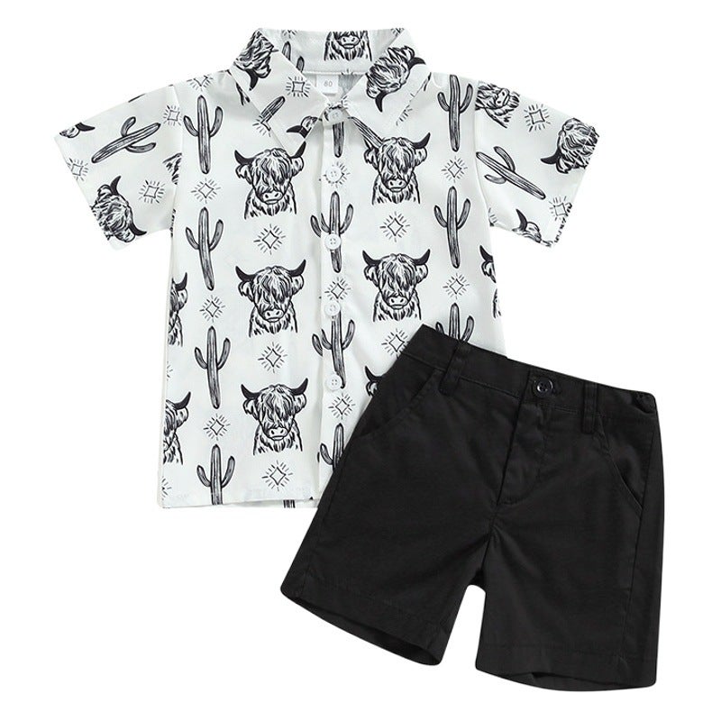 Summer foreign trade children''s clothing 2023 striped animal printed shirt short sleeve shorts two-piece set of a generation of hair - Image 1