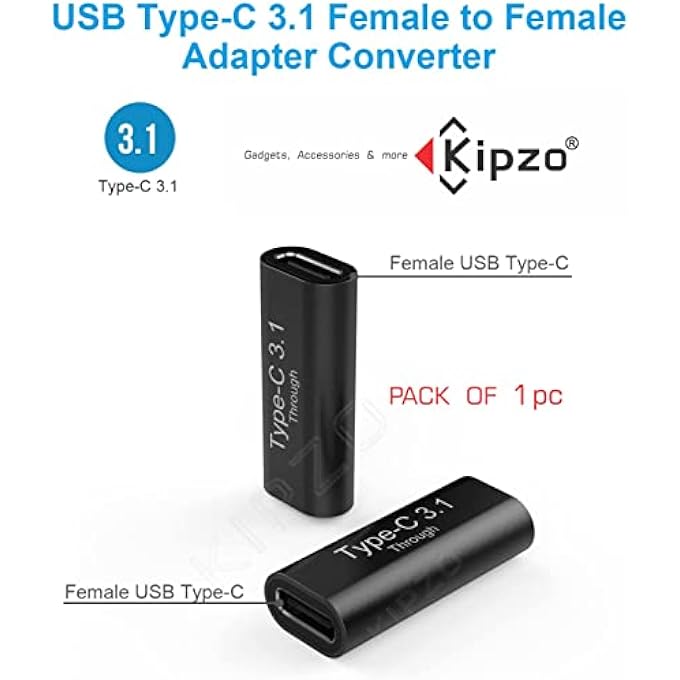 KIPZO C TO C JOINTER , TYPE C COUPLER FEMALE TO FEMALE TYPE C EXTENDER C TO C FEMALE COUPLER RELAY ADAPTER , USB 3.1 TYPE-C ADAPTER EXTENSION CONNECTOR JOINER FOR LAPTOP & TABLET & MOBILE PHONE - Image 2