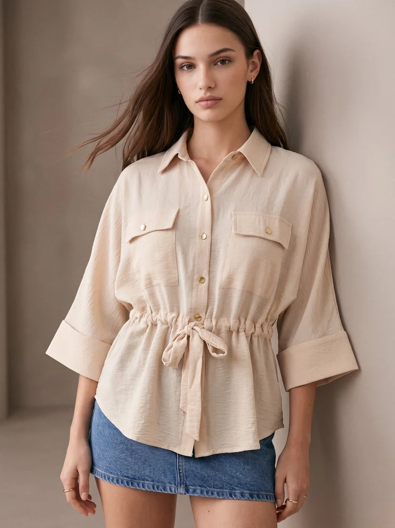 أوجيدر Off White Drawstring Waist Button Down Top