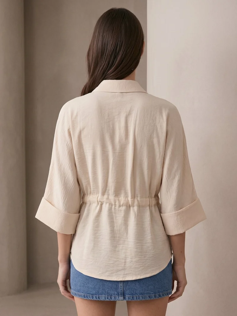 Outzidr  Off White Drawstring Waist Button Down Top for Women | Best Price UAE