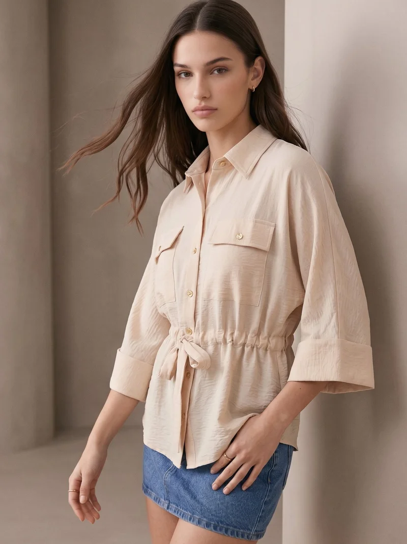 Outzidr  Off White Drawstring Waist Button Down Top for Women | Best Price UAE