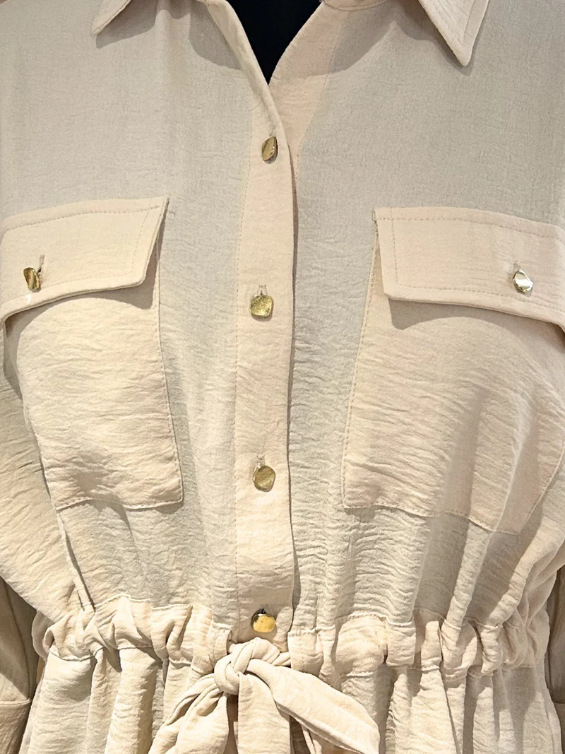 Outzidr  Off White Drawstring Waist Button Down Top for Women | Best Price UAE