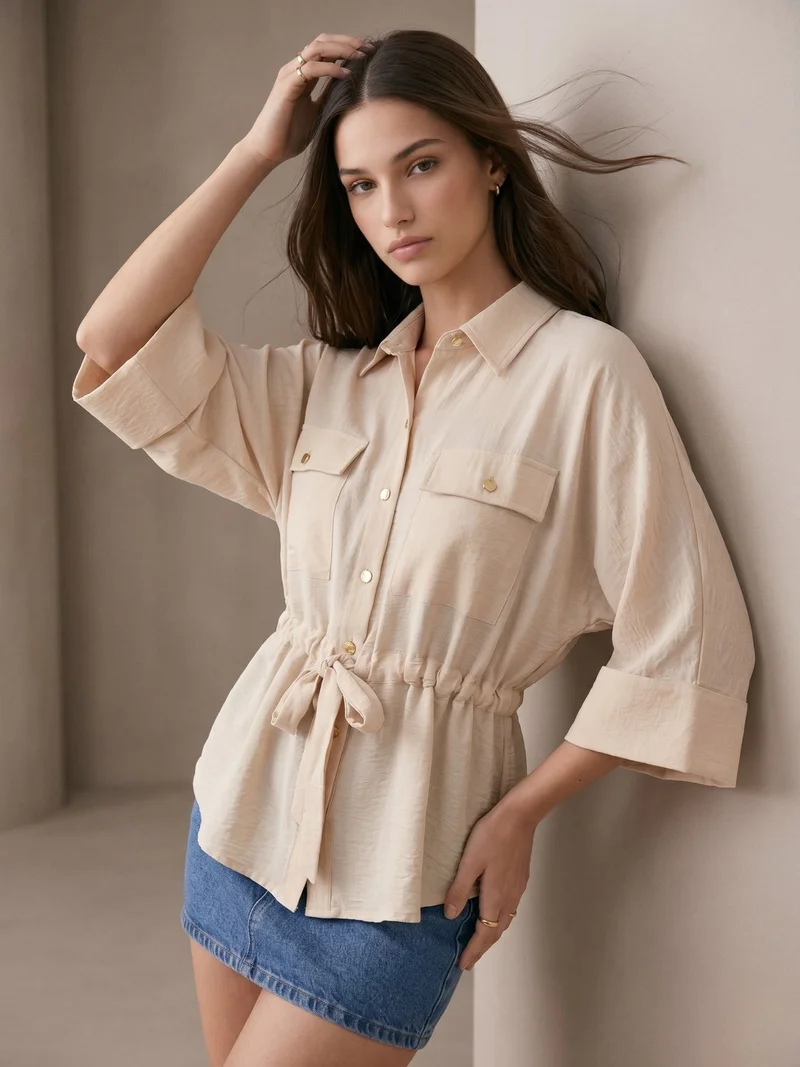 أوجيدر Off White Drawstring Waist Button Down Top
