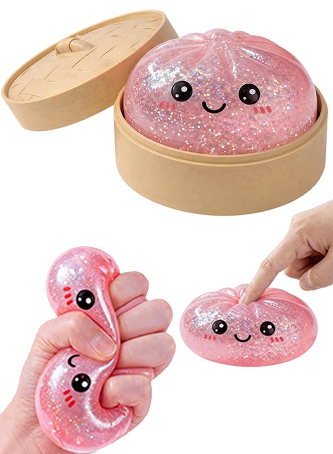 Pink Glitter Dumpling Squishy Fidget Toy for Stress Relief, Sensory Squeeze Toy - Image 1