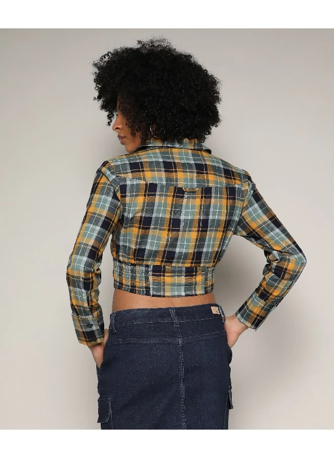 Campus Sutra Women's Multicolour Tartan Plaid Cinched Cropped Shirt