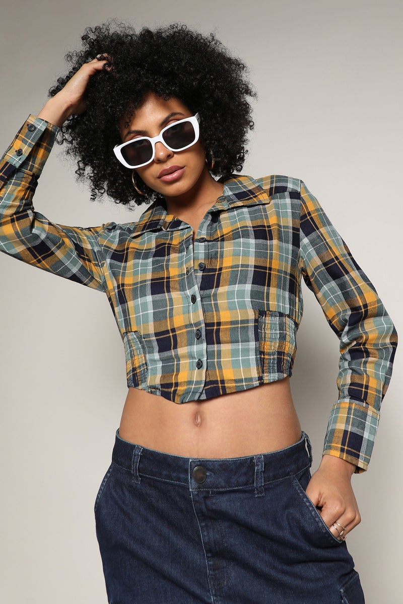 Campus Sutra Women's Multicolour Tartan Plaid Cinched Cropped Shirt  - Image 1