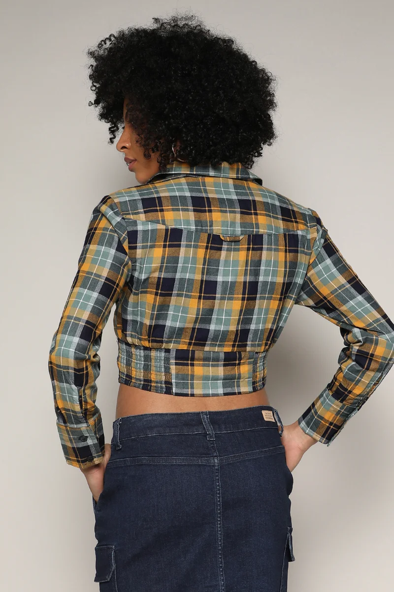 كامبوس سوترا Women's Multicolour Tartan Plaid Cinched Cropped Shirt