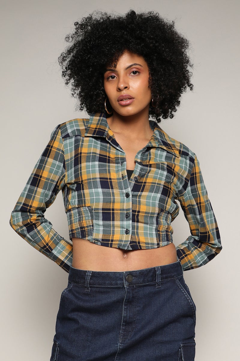 Campus Sutra Women's Multicolour Tartan Plaid Cinched Cropped Shirt  - Image 2