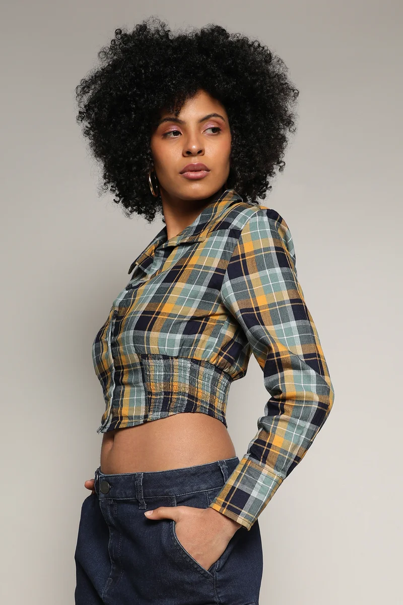 كامبوس سوترا Women's Multicolour Tartan Plaid Cinched Cropped Shirt