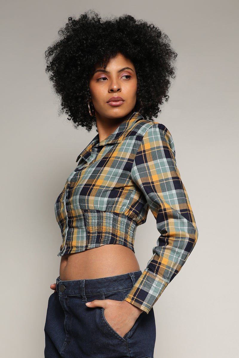 Campus Sutra Women's Multicolour Tartan Plaid Cinched Cropped Shirt  - Image 3