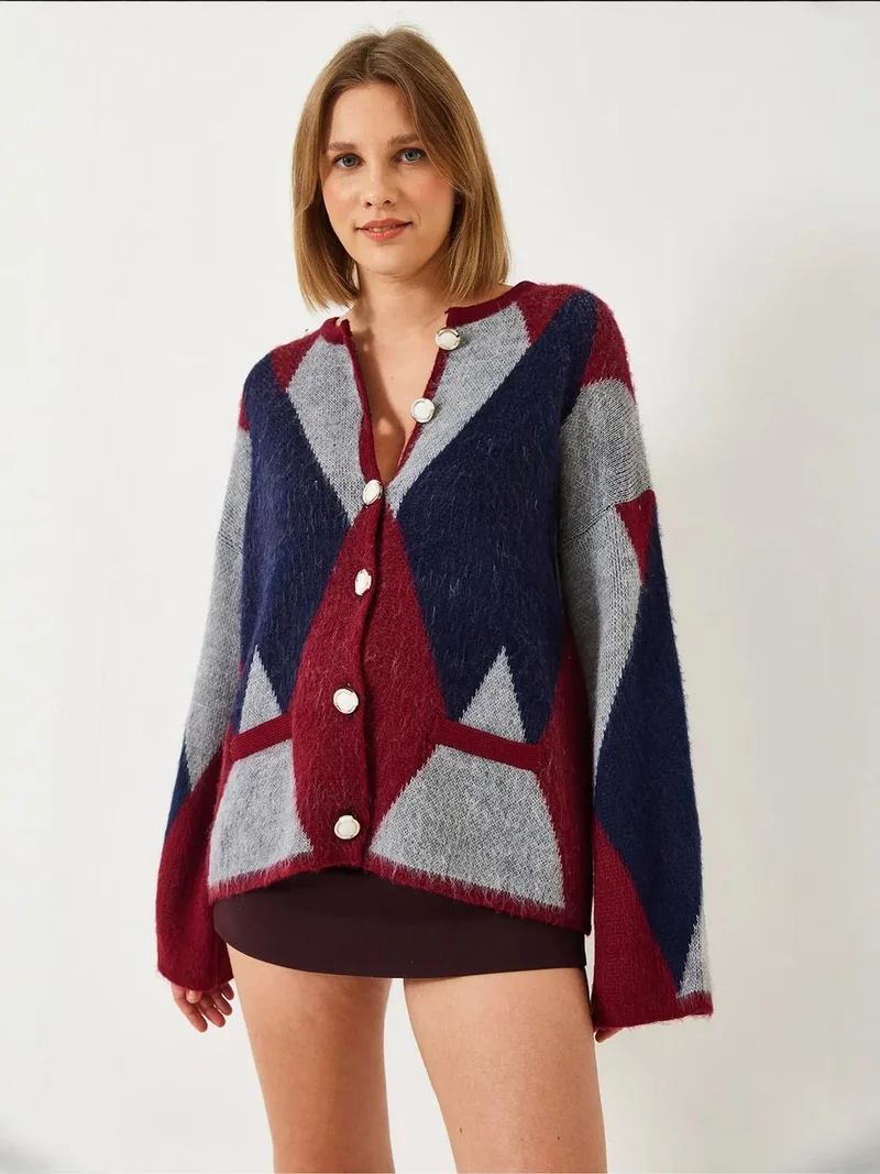 Bianco Lucci LUCCI Buttoned Geometric Pattern Cardigan