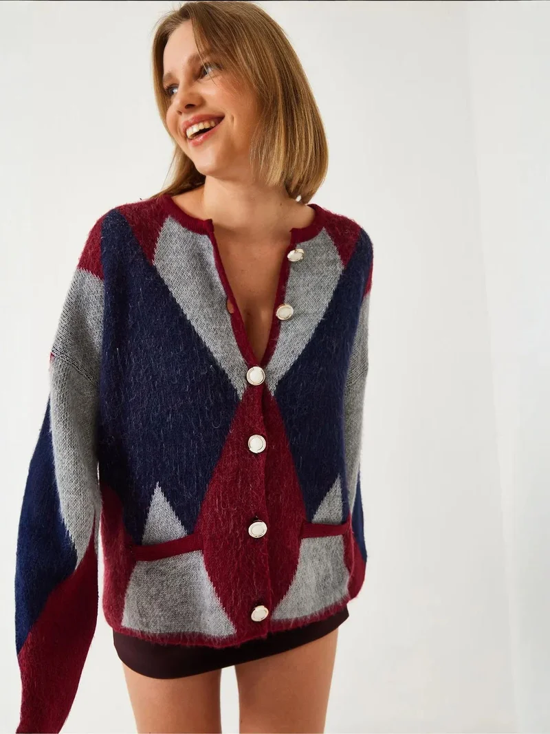 LUCCI Buttoned Geometric Pattern Cardigan