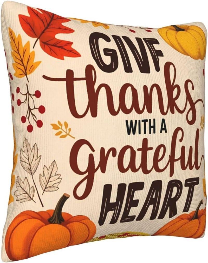 Thanksgiving with A Grateful Heart Print Corduroy Throw Pillow Covers 18"x18" Soft Spring Decorative Pillowcase for Sofa Couch Bed Living Room Farmhouse Decor - Image 3