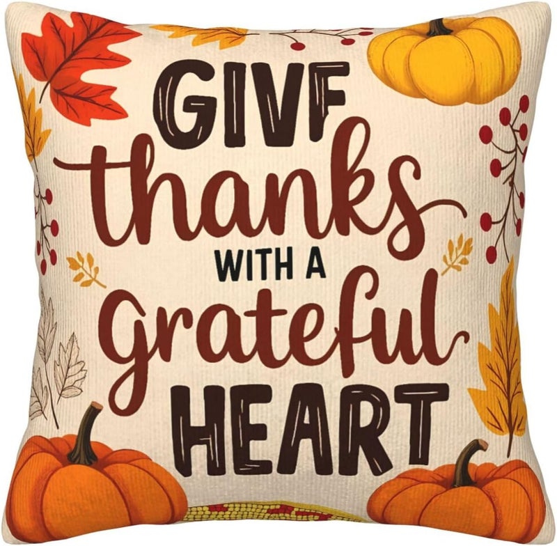 Thanksgiving with A Grateful Heart Print Corduroy Throw Pillow Covers 18"x18" Soft Spring Decorative Pillowcase for Sofa Couch Bed Living Room Farmhouse Decor - Image 2
