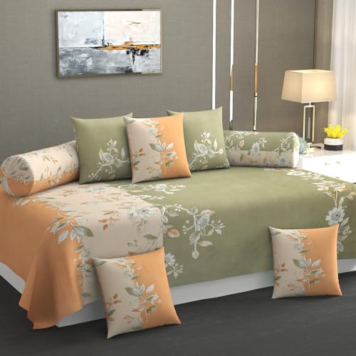 KETOSTICS 300 TC 100% Pure Cotton Diwan Set Covers 8 Pieces Pure Cotton Designer Printed Standard Diwan Set (1 Single Bedsheet, 2 Bolster Covers, 5 Cushion Covers) (DS- AS 03) - Image 1