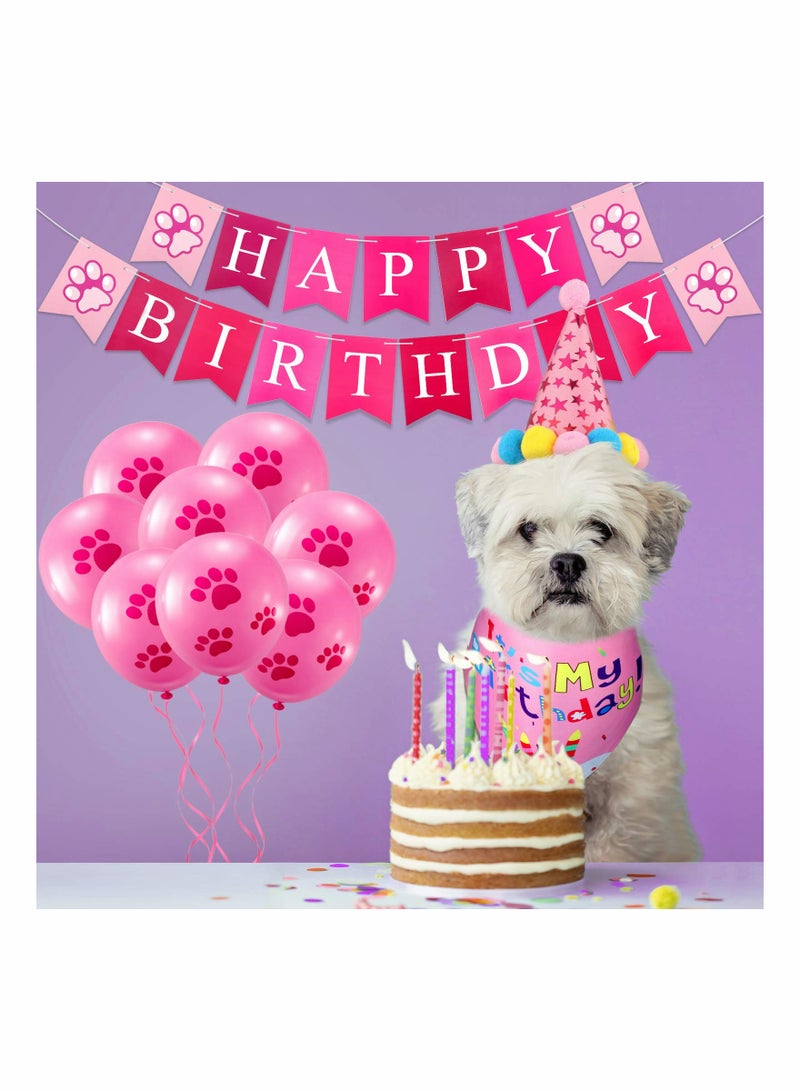 Zikra Dog Birthday Bandana Hat Set Dog Birthday Hat Bandana Scarf Shining Dog Bow Tie Collar Dog Happy Birthday Banner and 10 Piece 12 Inch Paw Print Balloon with Tape for Dog Pet Pink - Image 2
