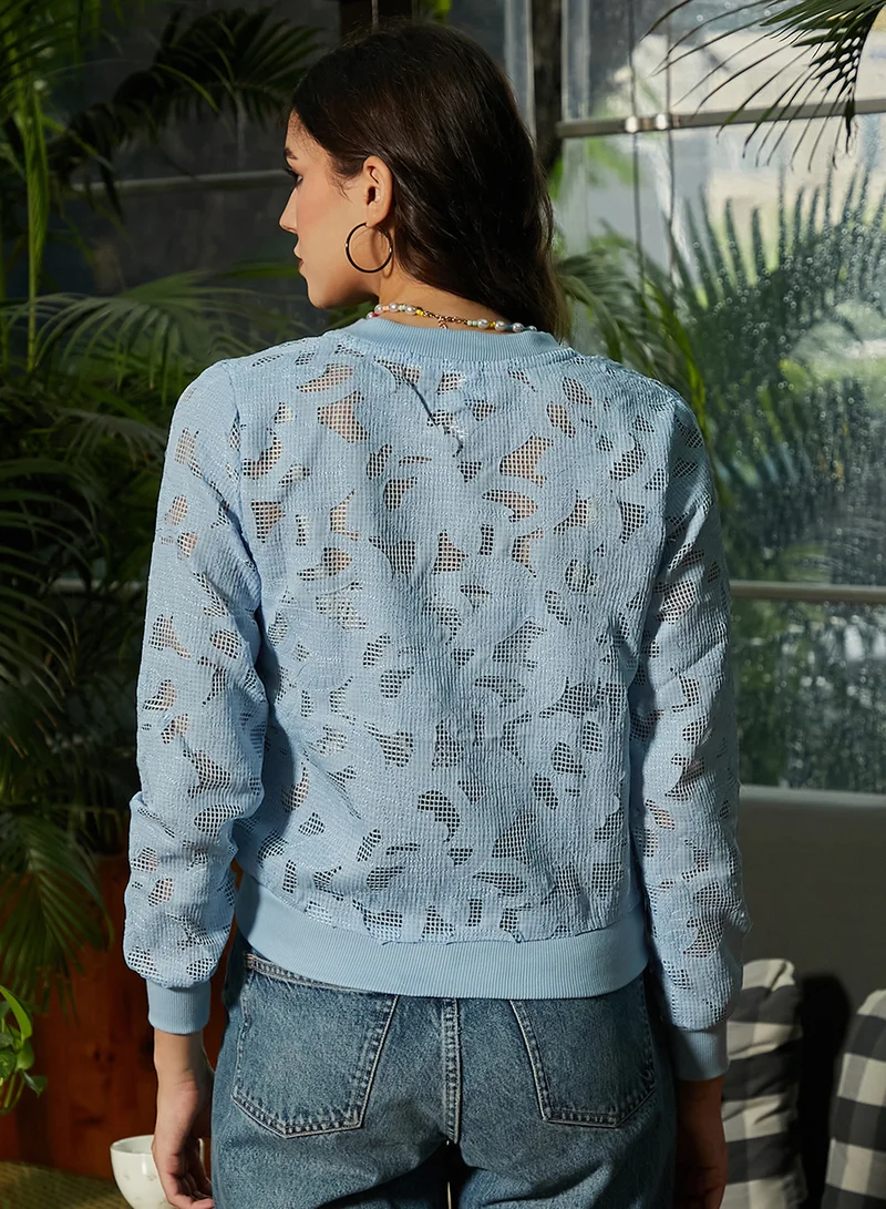 Campus Sutra Women's Sky Blue Mesh Botanical Jacket