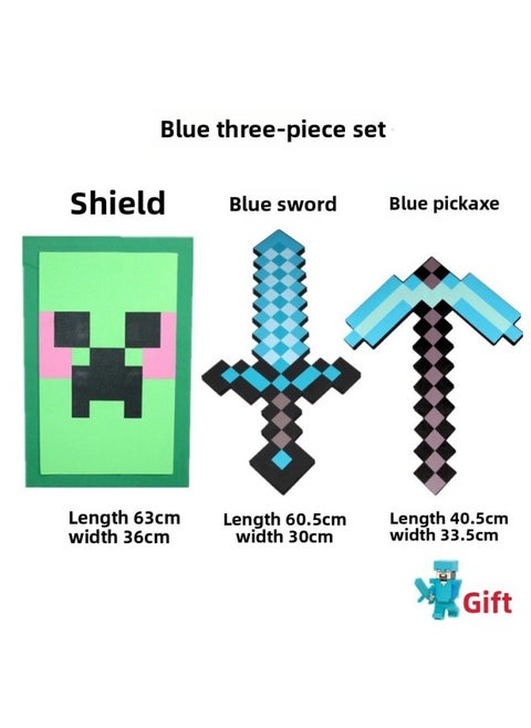 My World Diamond Sword Toy 2-in -1 Transfiguration Minecraft Enchantment Bow Weapon Shield Axe Pick-Color:Blue 3-piece Set·non-deformable