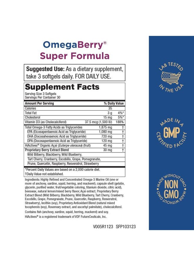 Purity Products - OmegaBerry Fish Oil w/Vitamin D3 + Organic Acai Super Formula - 1875 mg of Concentrated, Molecularly Distilled, Ultra Pure Omega-3s 1080 mg EPA + 720mg DHA + 120 mg DPA - 90 Count - Image 1