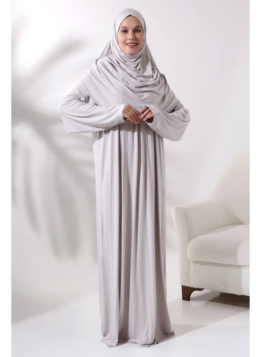 İhvan Online One Piece Practical Headscarf Robe Prayer Dress 8015 Stone Color