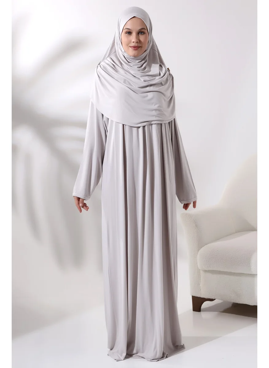 İhvan Online One Piece Practical Headscarf Robe Prayer Dress 8015 Stone Color