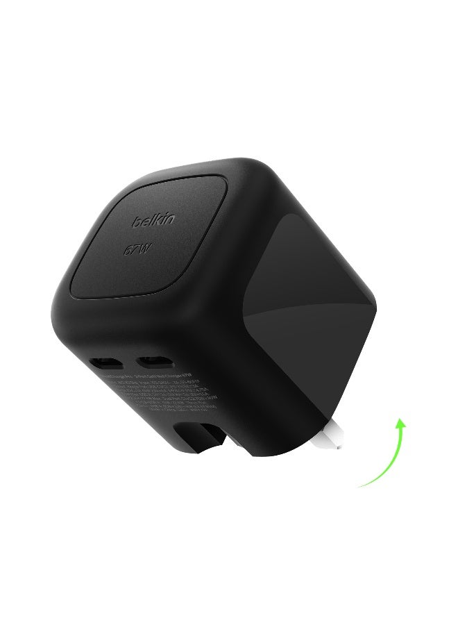 بيلكين شاحن حائط مزدوج USB-C بقوة 67 واط بتقنية GaN مع PPS – شحن سريع لأجهزة اللابتوب، والأجهزة اللوحية، والهواتف الذكية، وسماعات الأذن والإكسسوارات – كفاءة عالية، توزيع طاقة ذكي - Image 1