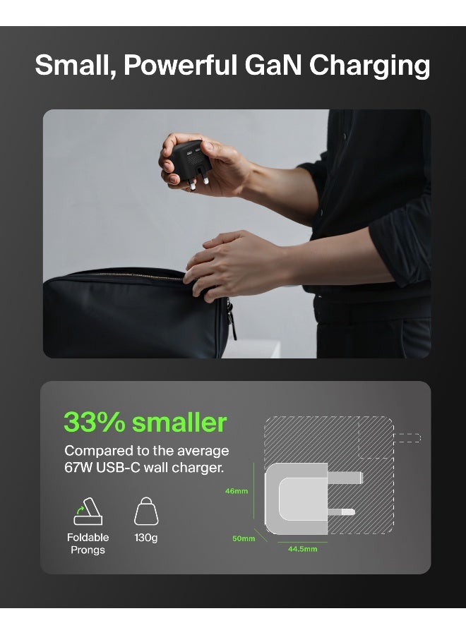 بيلكين شاحن حائط مزدوج USB-C بقوة 67 واط بتقنية GaN مع PPS – شحن سريع لأجهزة اللابتوب، والأجهزة اللوحية، والهواتف الذكية، وسماعات الأذن والإكسسوارات – كفاءة عالية، توزيع طاقة ذكي - Image 3