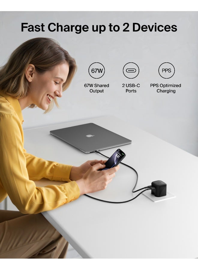 بيلكين شاحن حائط مزدوج USB-C بقوة 67 واط بتقنية GaN مع PPS – شحن سريع لأجهزة اللابتوب، والأجهزة اللوحية، والهواتف الذكية، وسماعات الأذن والإكسسوارات – كفاءة عالية، توزيع طاقة ذكي - Image 2