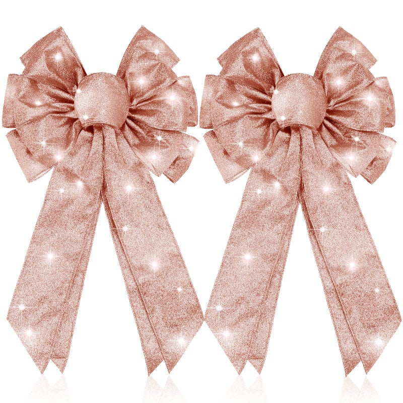 Giegxin 2 Pcs Large Champagne Pink Lighted Christmas Bows for Wreath and Tree Topper 18x10 Inch Pre Lit Rose Gold Wreath Bow Light up Christmas Decorations for Front Door Windows Outdoor Indoor - Image 2