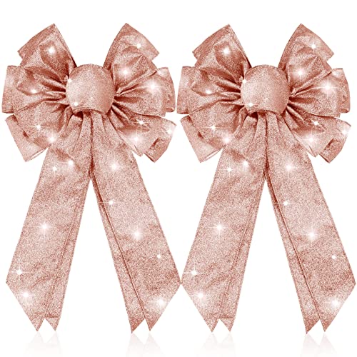 Giegxin 2 Pcs Large Champagne Pink Lighted Christmas Bows for Wreath and Tree Topper 18x10 Inch Pre Lit Rose Gold Wreath Bow Light up Christmas Decorations for Front Door Windows Outdoor Indoor - Image 1