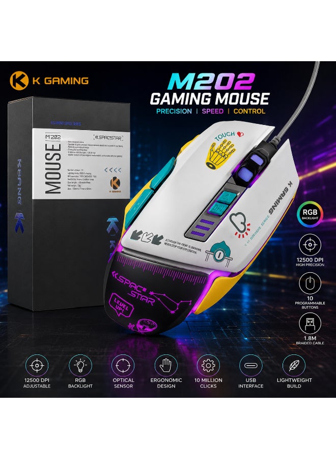 كي قيمنق ماوس ألعاب كي جيمينج سبيس ستار M202 سلكي RGB بمنفذ USB مع 4 أوضاع إضاءة LED ودقة DPI قابلة للتعديل 1200/2400/4800/7200 وتصميم مريح لأجهزة الكمبيوتر واللاب توب - أبيض - Image 1
